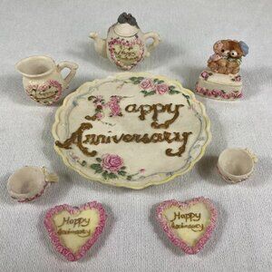 1996 Popular Imports Resin Tea Set Lot • Happy Anniversary Plate & Pieces
